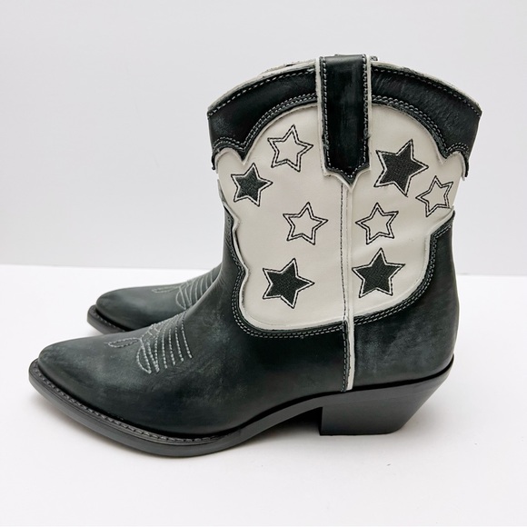Zara Womens Black White Leather Stars Western Cowboy Boots EU 39 US 8 NEW - Picture 3 of 9